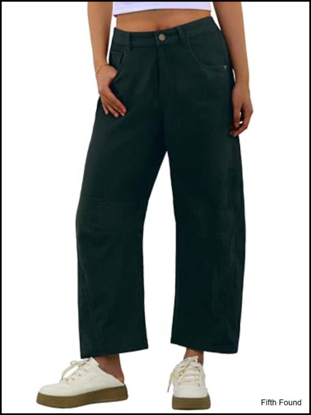 Corduroy Barrel Cropped Wide Leg Pants Mid-Rise Elastic Waist Pockets